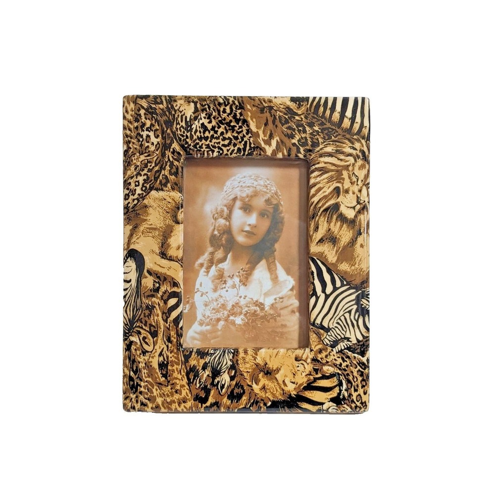 Vintage 1990's Safari Animal Picture Frame Lion Zebra Leopard‎ Print 9.5x7.5"